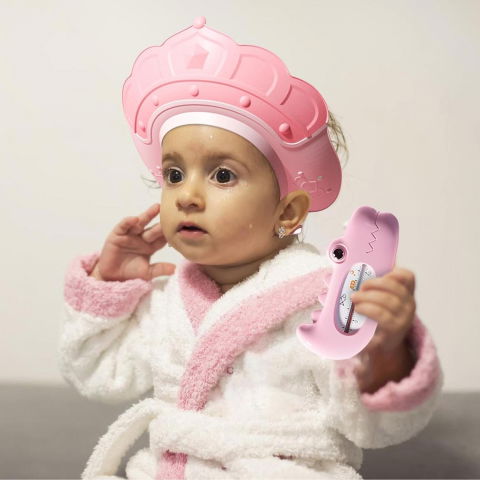 Casca de dus, previne scurgerea apei si samponului pe fata, 0-12 ani, ajustabila, din tpe+pp, 20 x 23 cm, model coroana, roz [2]