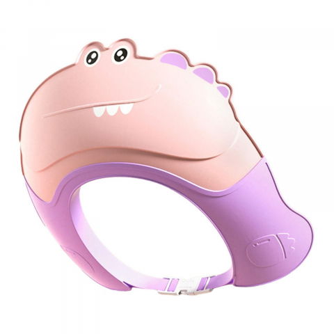 Igienă, baie și accesorii bebeluși şi copii - Casca de dus, previne scurgerea apei si samponului pe fata, 0-12 ani, ajustabila, din tpe+pp, 20 x 23 cm, model crocodil, roz/mov