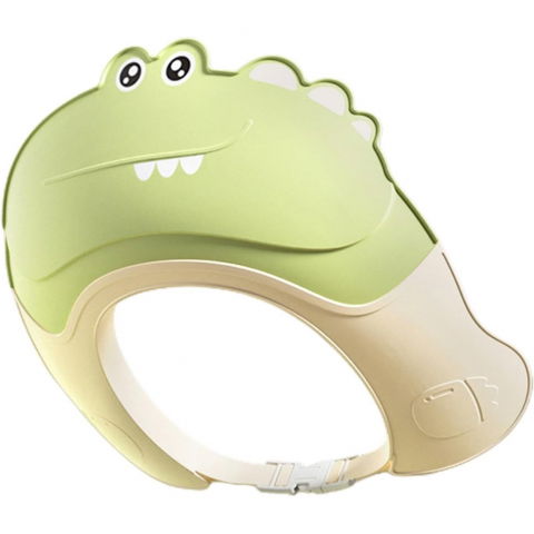 Igienă, baie și accesorii bebeluși şi copii - Casca de dus, previne scurgerea apei si samponului pe fata, 0-12 ani, ajustabila, din tpe+pp, 20 x 23 cm, model crocodil, verde