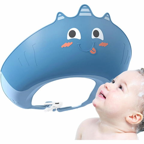 Casca de dus, previne scurgerea apei si samponului pe fata, 0-12 ani, ajustabila, din tpe+pp, 20 x 23 cm, model unicorn, albastru [1]