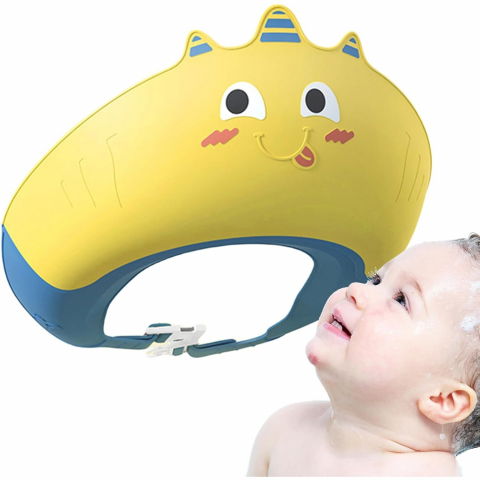 Casca de dus, previne scurgerea apei si samponului pe fata, 0-12 ani, ajustabila, din tpe+pp, 20 x 23 cm, model unicorn, galben/albastru [4]