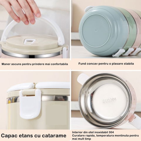 Caserola pentru alimente  lunch box, 700 ml, otel inoxidabil, maner, valva aerisire, inchidere etansa, 15 x 8.5 cm, albastru [2]