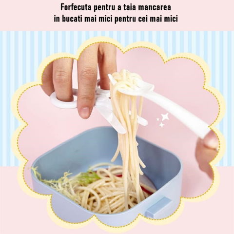 Caserola pentru copii  lunch box, 750 ml, doua boluri, lingura, foarfeca din plastic, rezistenta la scurgeri, albastra [4]
