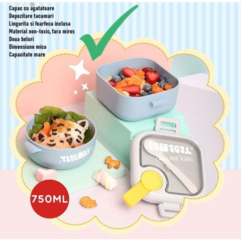 Caserola pentru copii  lunch box, 750 ml, doua boluri, lingura, foarfeca din plastic, rezistenta la scurgeri, albastra [1]