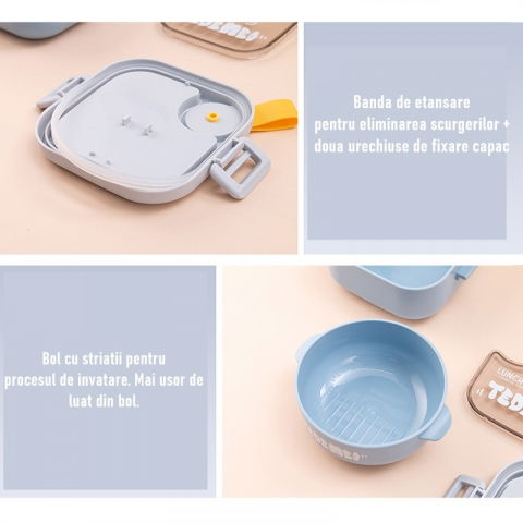 Caserola pentru copii  lunch box, 750 ml, doua boluri, lingura, foarfeca din plastic, rezistenta la scurgeri, albastra [5]