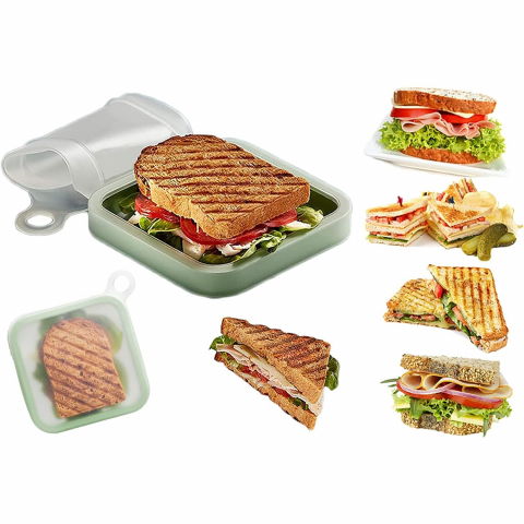 Caserola pentru sandwich  din silicon si polipropilena, portabil, usor de curatat, capac anti-scurgere, reutilizabil, 15.5 x 15.5 x 2.5 cm, verde [6]
