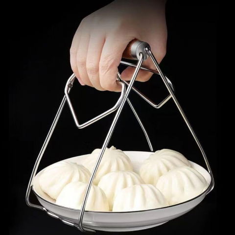 Clema pentru boluri, anti-alunecare, din otel inoxidabil, extindere, pentru oale, tigai, de uz casnic, rezistent la temperaturi inalte, 19.5x9.8x8 cm, maner maro, gri [3]