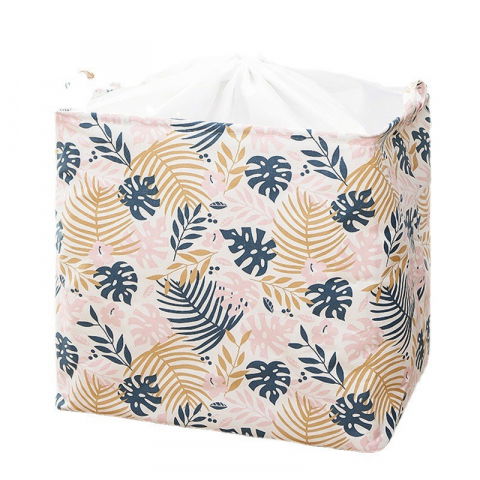 Cos de depozitare pentru rufe, cos pliabil clothbox pentru depozitarea jucarii, haine, cos de haine murdare cu snur, 80 x 50 x 50 cm, model frunze, alb multicolor [2]