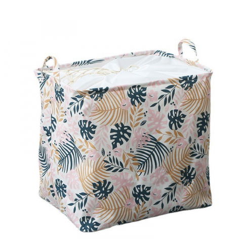 Accesorii ingrijire casa - Cos de depozitare pentru rufe, cos pliabil clothbox pentru depozitarea jucarii, haine, cos de haine murdare cu snur, 80 x 50 x 50 cm, model frunze, alb multicolor