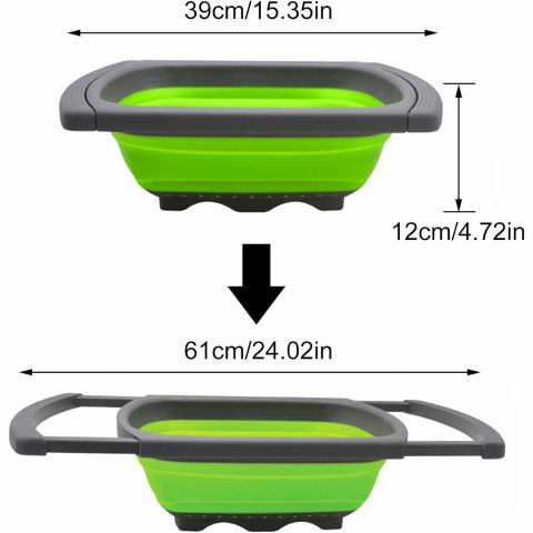 Cos de scurgere retractabil pentru chiuveta, cu filtru, pentru fructe si legume, de uz casnic, 39x12 cm, design extensibil pana la 61 cm, cu manere de prindere, verde [4]
