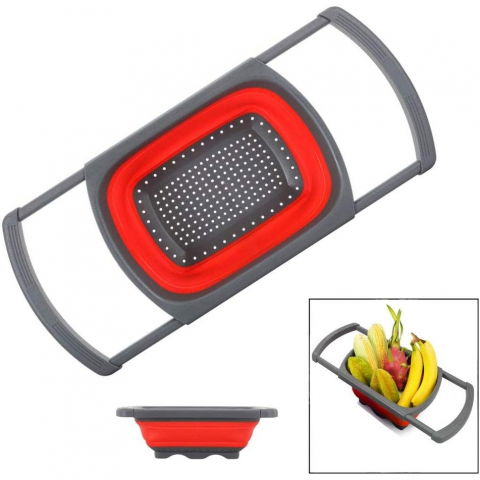 Cos de scurgere retractabil pentru chiuveta, cu filtru, pentru fructe si legume, de uz casnic, 39x12 cm, design extensibil pana la 61 cm, cu manere de prindere, rosu [9]
