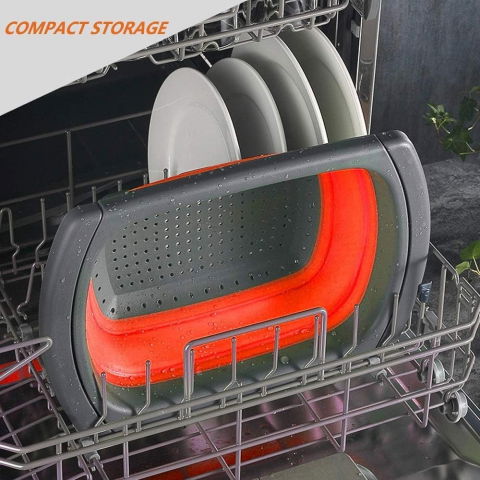 Cos de scurgere retractabil pentru chiuveta, cu filtru, pentru fructe si legume, de uz casnic, 39x12 cm, design extensibil pana la 61 cm, cu manere de prindere, rosu [5]