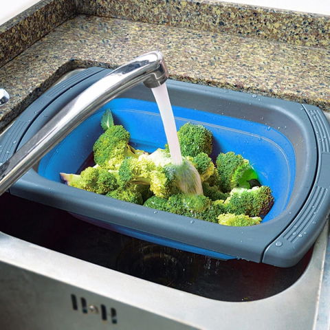 Cos de scurgere retractabil pentru chiuveta, cu filtru, pentru fructe si legume, de uz casnic, 39x12 cm, design extensibil pana la 61 cm, cu manere de prindere, albastru [4]