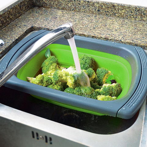 Cos de scurgere retractabil pentru chiuveta, cu filtru, pentru fructe si legume, de uz casnic, 39x12 cm, design extensibil pana la 61 cm, cu manere de prindere, verde [6]