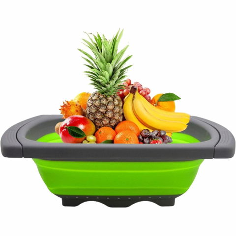 Cos de scurgere retractabil pentru chiuveta, cu filtru, pentru fructe si legume, de uz casnic, 39x12 cm, design extensibil pana la 61 cm, cu manere de prindere, verde [2]