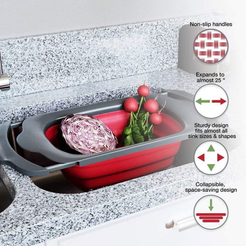 Cos de scurgere retractabil pentru chiuveta, cu filtru, pentru fructe si legume, de uz casnic, 39x12 cm, design extensibil pana la 61 cm, cu manere de prindere, rosu [6]
