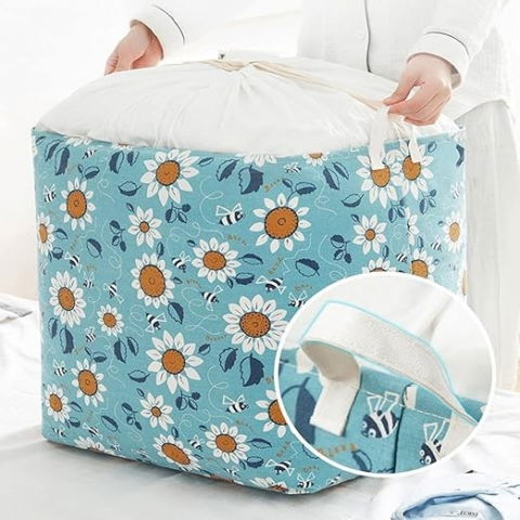 Cos depozitare, capac cu snur, 175 l, confectionat din bumbac si un strat impermeabil, 50 x 50 x 70 cm, albastru deschis, imprimeu flori [4]