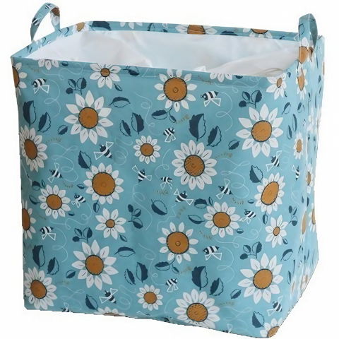 Organizare pentru casă - Cos depozitare, capac cu snur, 175 l, confectionat din bumbac si un strat impermeabil, 50 x 50 x 70 cm, albastru deschis, imprimeu flori