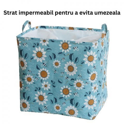 Cos depozitare, capac cu snur, 175 l, confectionat din bumbac si un strat impermeabil, 50 x 50 x 70 cm, albastru deschis, imprimeu flori [6]