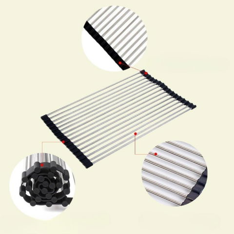 Covoras de scurgere pentru chiuveta bucatarie, din otel inoxidabil, suport chiuveta, pliabil, antiderapant, usor de curatat si de depozitat, 37x30 cm, 15 tuburi, negru [3]