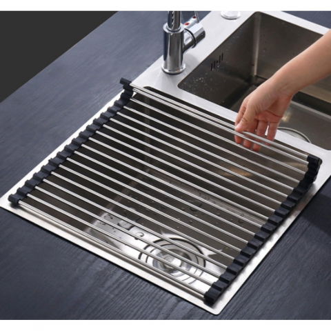 Covoras de scurgere pentru chiuveta bucatarie, din otel inoxidabil, suport chiuveta, pliabil, antiderapant, usor de curatat si de depozitat, 47x36 cm, 18 tuburi, negru [5]