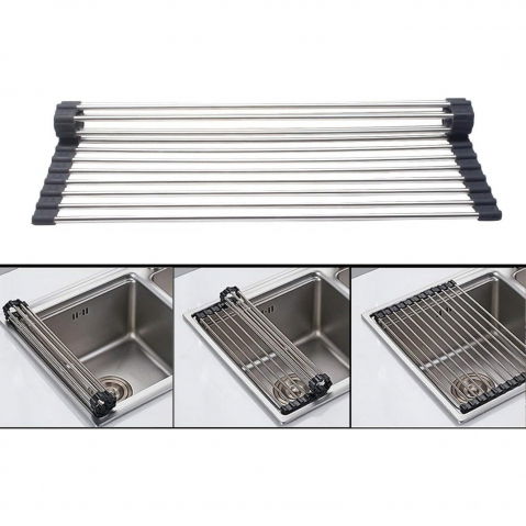 Covoras de scurgere pentru chiuveta bucatarie, din otel inoxidabil, suport chiuveta, pliabil, antiderapant, usor de curatat si de depozitat, 47x36 cm, 18 tuburi, negru [2]