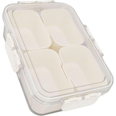 Recipiente pentru alimente de baza, gustari si cereale - Cutie alimentara multifunctionala, pentru condimente, gustari,  inchidere etans, cu capac si maner, 4 compartimente, 25 x 8 x 18 cm, alb
