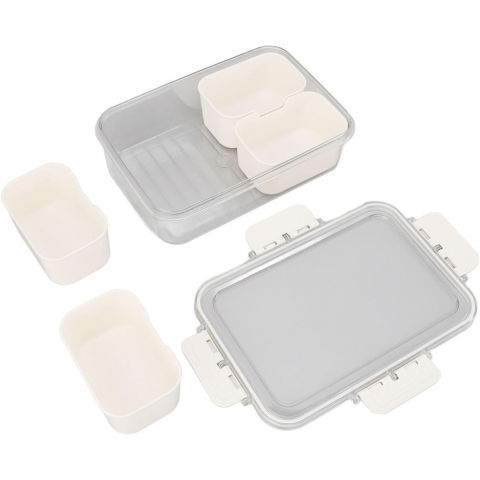 Cutie alimentara multifunctionala, pentru condimente, gustari,  inchidere etans, cu capac si maner, 4 compartimente, 25 x 8 x 18 cm, alb [2]