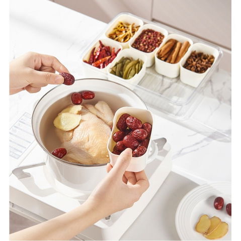 Cutie alimentara multifunctionala, pentru condimente, gustari,  inchidere etans, cu capac si maner, 4 compartimente, 25 x 8 x 18 cm, alb [5]