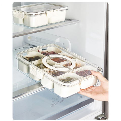 Cutie alimentara multifunctionala, pentru condimente, gustari,  inchidere etans, cu capac si maner, 8 compartimente, 32 x 8 x 25 cm, alb [4]