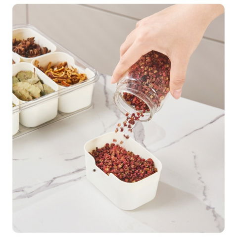 Cutie alimentara multifunctionala, pentru condimente, gustari,  inchidere etans, cu capac si maner, 8 compartimente, 32 x 8 x 25 cm, alb [3]