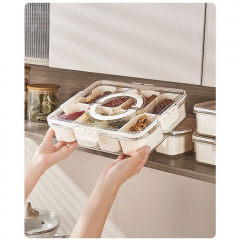 Cutie alimentara multifunctionala, pentru condimente, gustari,  inchidere etans, cu capac si maner, 8 compartimente, 32 x 8 x 25 cm, alb [2]