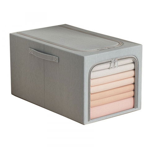 Cutii depozitare/M/cu fereastra si acces dublu - Cutie de depozitare, 31l, din in si bumbac, pliabila, cadru din otel, 45 x 30 x 23 cm, albastru fumuriu