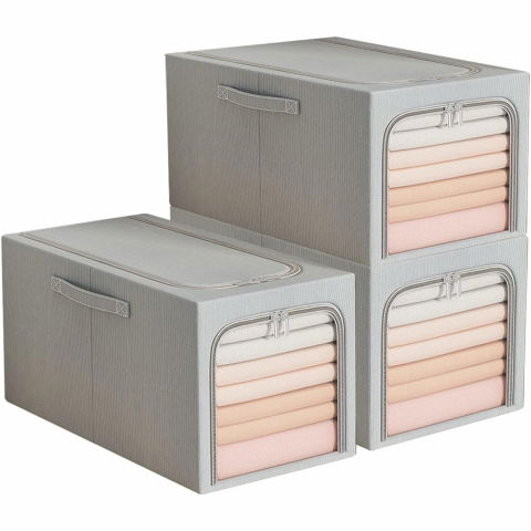 Cutie de depozitare, 31l, din in si bumbac, pliabila, cadru din otel, 45 x 30 x 23 cm, albastru fumuriu [2]