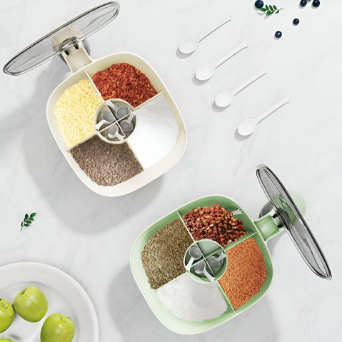 Cutie de depozitare a condimentelor, de uz casnic, cu maner stabil, cu capac, 4 compartimente principale, 21 x 14 x 10 cm, crem [5]