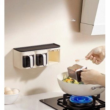 Cutie de depozitare a condimentelor, de uz casnic, montare pe perete, 3 compartimente, 25.8 x 13.6 x 10.5cm, alb-negru [1]