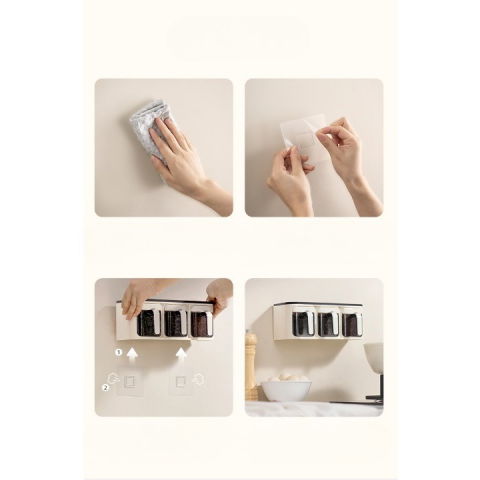 Cutie de depozitare a condimentelor, de uz casnic, montare pe perete, 3 compartimente, 25.8 x 13.6 x 10.5cm, alb-negru [11]