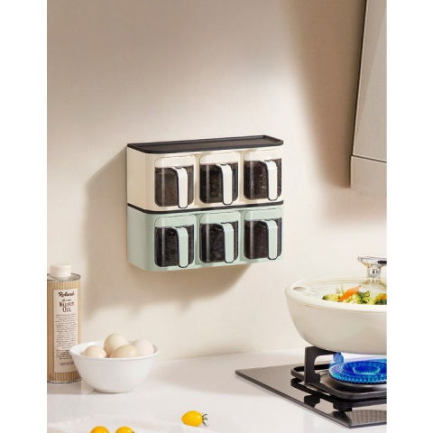 Cutie de depozitare a condimentelor, de uz casnic, montare pe perete, 3 compartimente, 25.8 x 13.6 x 10.5cm, alb-negru [10]