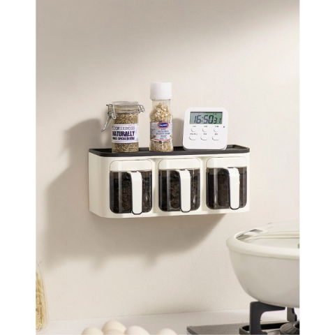 Cutie de depozitare a condimentelor, de uz casnic, montare pe perete, 3 compartimente, 25.8 x 13.6 x 10.5cm, alb-negru [5]