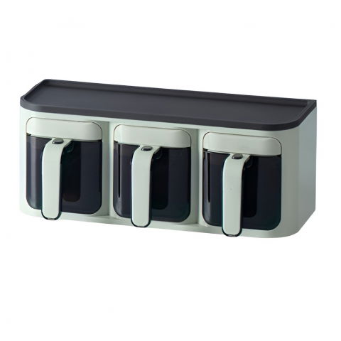 Recipiente pentru condimente si uleiuri - Cutie de depozitare a condimentelor, de uz casnic, montare pe perete, 3 compartimente, 25.8 x 13.6 x 10.5cm, verde-negru