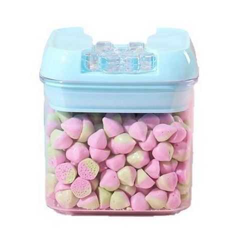 Recipiente pentru alimente de baza, gustari si cereale - Cutie de depozitare alimente, 0.5l, capac albastru, din pp+pet, inchidere ermetica, 10 x 10 x 10.5 cm, transparent