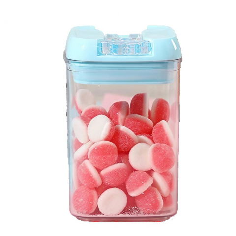 Recipiente pentru alimente de baza, gustari si cereale - Cutie de depozitare alimente, 0.8l, capac albastru, din pp+pet, inchidere ermetica, 10 x 10 x 15.5 cm, transparent