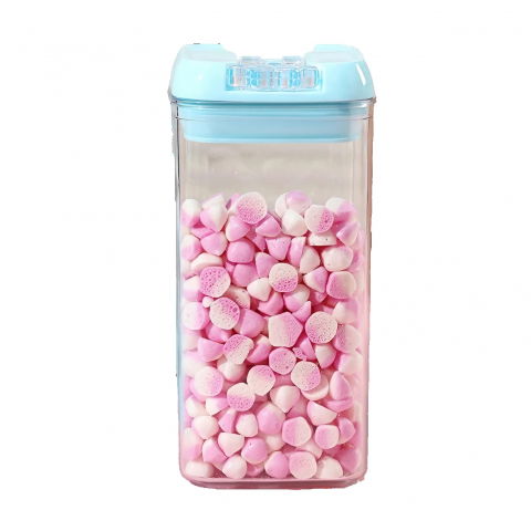 Recipiente pentru alimente de baza, gustari si cereale - Cutie de depozitare alimente, 1.2l, capac albastru, din pp+pet, inchidere ermetica, 10 x 10 x 20.5 cm, transparent