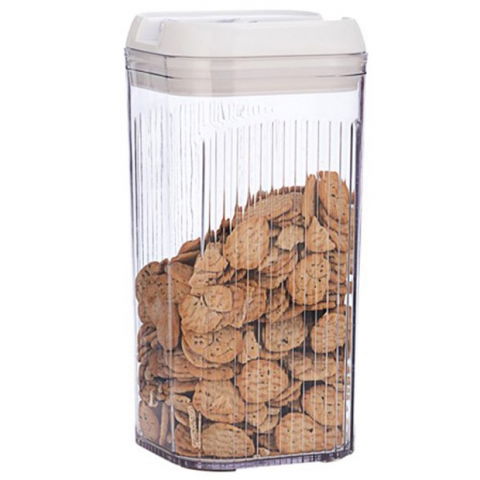 Recipiente pentru alimente de baza, gustari si cereale - Cutie de depozitare alimente, cutie de tip container, 2.5l, 12.5x12.5x26 cm, recipiente pentru cereale in bucatarie, transparente cu capac alb
