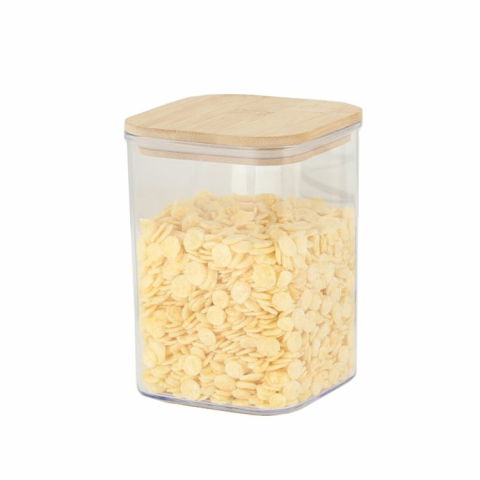 Recipiente pentru alimente de baza, gustari si cereale - Cutie de depozitare alimente, cutie de tip container, cutie pentru cereale, din plastic, capac din bambuc, 10 x 10 x 14 cm, volum 0.8 l, transparent