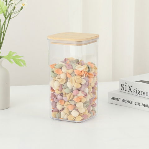 Cutie de depozitare alimente, cutie de tip container, cutie pentru cereale, din plastic, capac din bambuc, 10 x 10 x 19 cm, volum 1.2l, transparent [1]