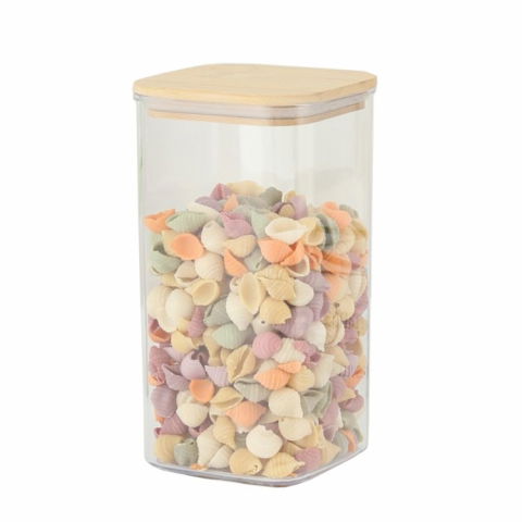 Recipiente pentru alimente de baza, gustari si cereale - Cutie de depozitare alimente, cutie de tip container, cutie pentru cereale, din plastic, capac din bambuc, 10 x 10 x 19 cm, volum 1.2l, transparent