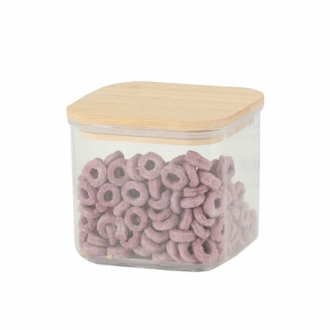 Recipiente pentru alimente de baza, gustari si cereale - Cutie de depozitare alimente, cutie de tip container, cutie pentru cereale, din plastic, capac din bambuc, 10 x 10 x 8 cm, volum 0.5 l, transparenta