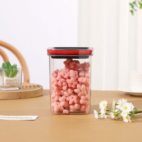 Cutie de depozitare alimente, cutie de tip container, recipient pentru cereale in bucatarie, 11.5 x 11.5 x 15 cm, volum 1200 ml, transparenta cu capac negru [2]