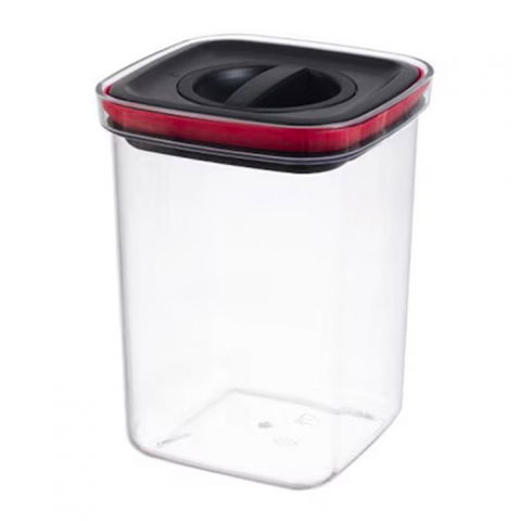Recipiente pentru alimente de baza, gustari si cereale - Cutie de depozitare alimente, cutie de tip container, recipient pentru cereale in bucatarie, 11.5 x 11.5 x 15 cm, volum 1200 ml, transparenta cu capac negru